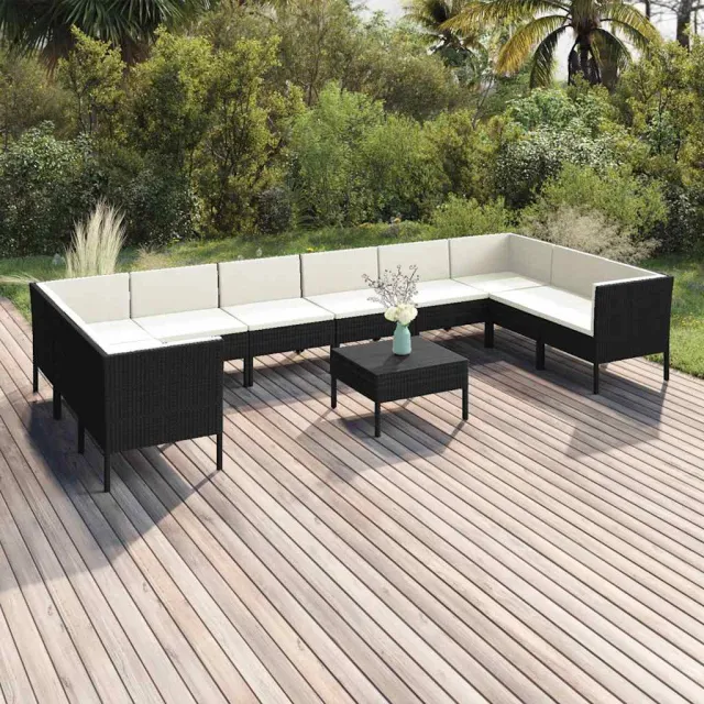 vidaXL 11-delige Loungeset met kussens poly rattan zwart, foto 2