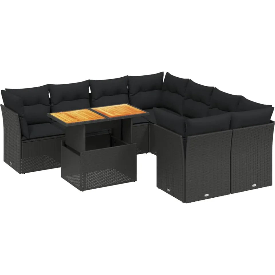 vidaXL 9-delige Loungeset met kussens poly rattan zwart, foto 3