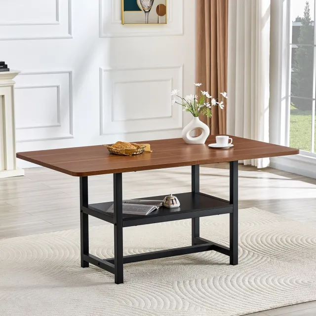 OKWISH Eettafel – Rechthoekig Industrieel Design – 160x90x76 cm – Voor 4 Tot 6 Personen – Met Opbergplank – MDF En Metaal – Zwart Walnootkleur