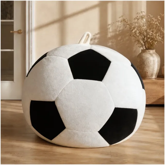 MIVRAY Zitzak Voetbal 130 Cm Comfortabele Zachte Flanel Look Voor Woonkamer Slaapkamer En Speelhoek Wit Zwart Stof Wit + zwart