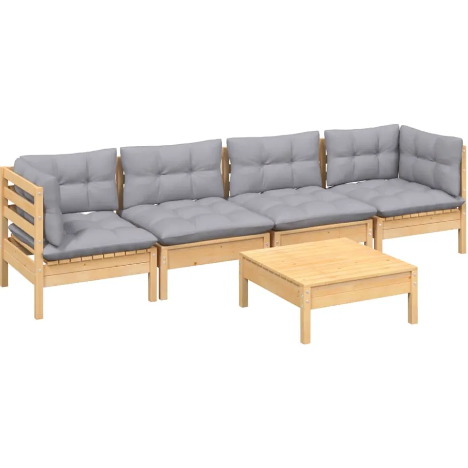 vidaXL 5-delige Loungeset met grijze kussens massief grenenhout Grijs