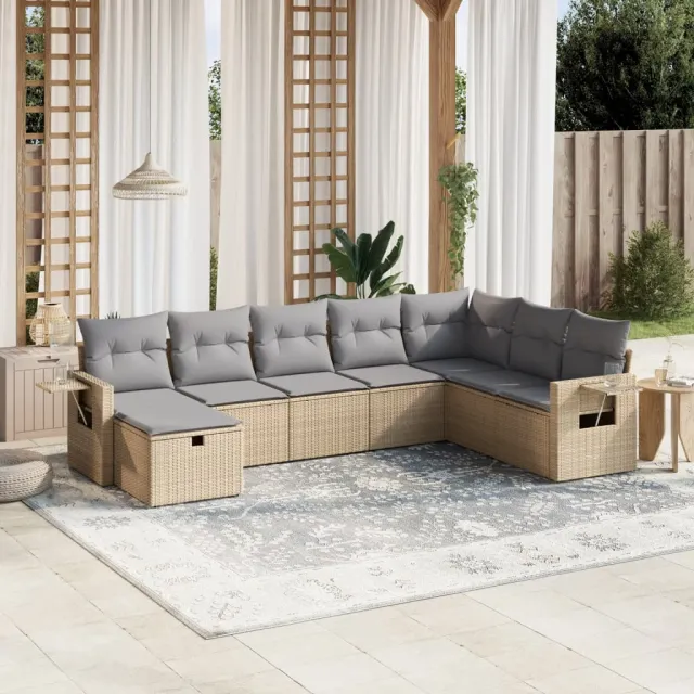 vidaXL 8-delige Loungeset met kussens poly rattan gemengd beige, foto 2