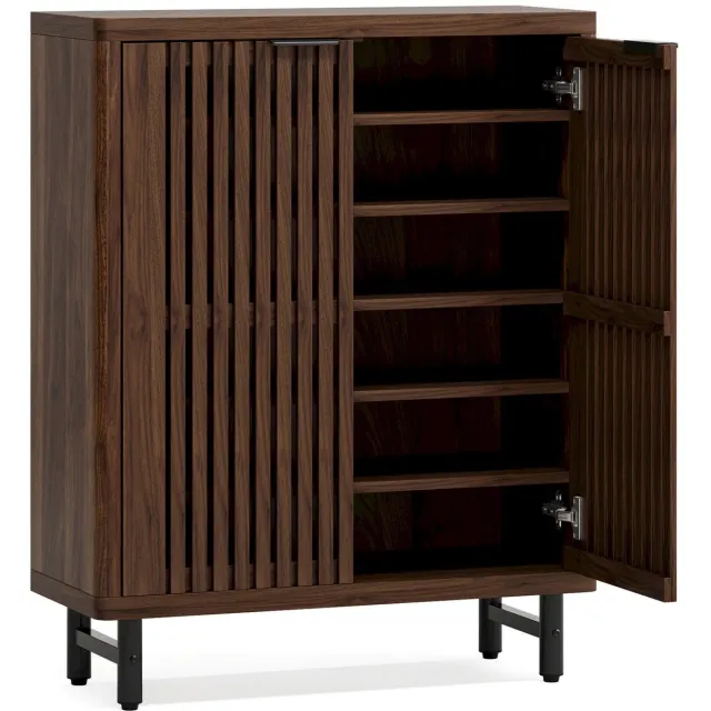Sello! schoenenkast – verstelbare planken – 6 planken – lamellendeuren voor ventilatie – kantelbevestiging – donker walnoot