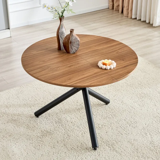 HAUSS SPOLE Bijzettafel Ronde Tafel Met Zwarte Metalen Driepoot Industriële Stijl Voor Woonkamer En Hal MDF Walnootkleur 110 x 110 x 76,5 cm