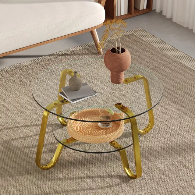 OKWISH Salontafel - Rond Glasblad Met Dubbele Laag - Voor Woonkamer - Gouden Metalen Frame - Retro Minimalistische Stijl - 80 x 80 x 45 cm