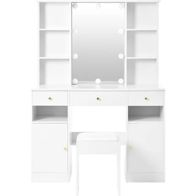 in& out door furniture Grote Schminktafel, Make-up Tafel met Verstelbare LED-Verlichting, inclusief Spiegel en Schminktafel Kruk, 3 Lades en 2 Deuren, Slaapkamer Wit, Afmetingen: H151 cm × B110 cm × D40 cm