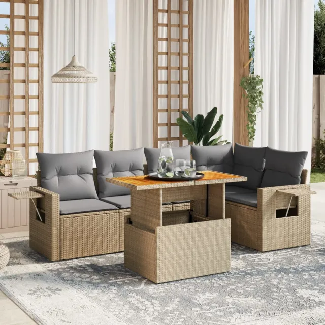 vidaXL 6-delige Loungeset met kussens poly rattan beige, foto 2