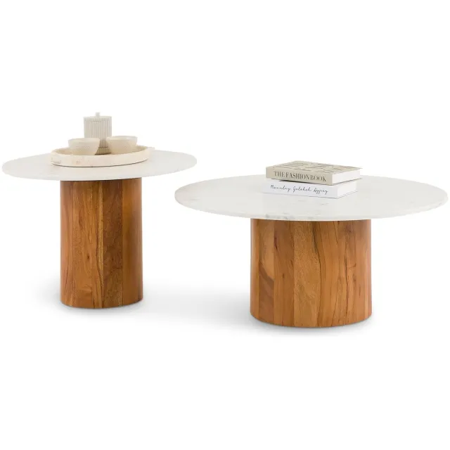 IDIMEX Salontafelset GANGA/YAMUNA met rond marmeren tafelblad – Wit/natuur beige