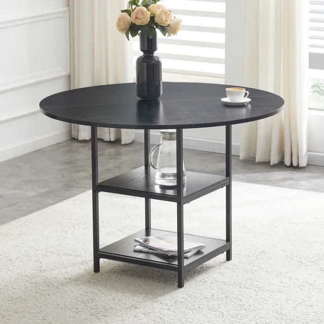 FloraGrace Eettafel - Ronde 107 Cm Tafel Met Dubbele Opbergniveaus - Industrieel Design Voor Eetkamer En Woonruimte - MDF En Metaal - Zwart Black