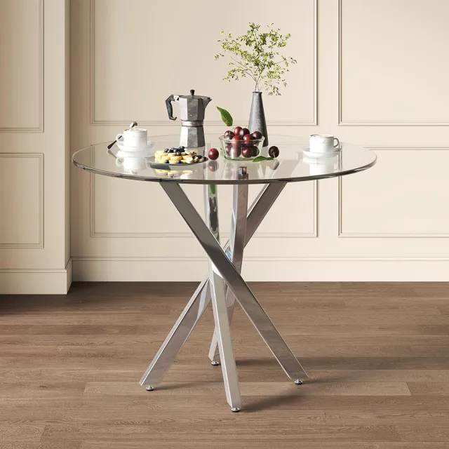 Pugsdrly Ronde eettafel, 80*80*75 Tafelblad van gehard glas, moderne eettafel, gegalvaniseerde tafelpoten, salontafel, eenvoudige en moderne eettafel, zilver