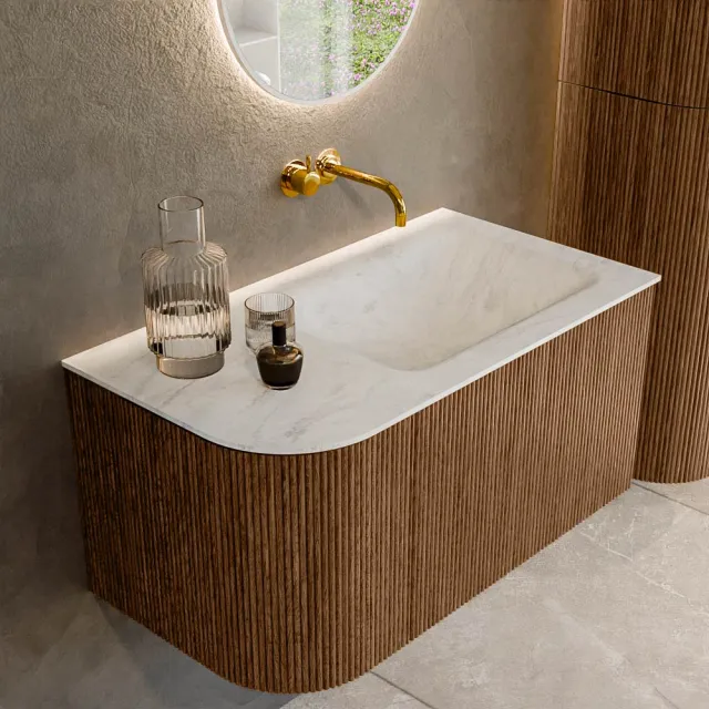 Mondiaz KURVE-DLUX 85 cm Onderkast Greeploos 1 Lade Met Deuren Walnut, Wastafel Solid Surface Rechts Opalo 0 Kraangaten Zonder Spiegel (KRVCLO85L1L1D0KR-Wal/Opa)