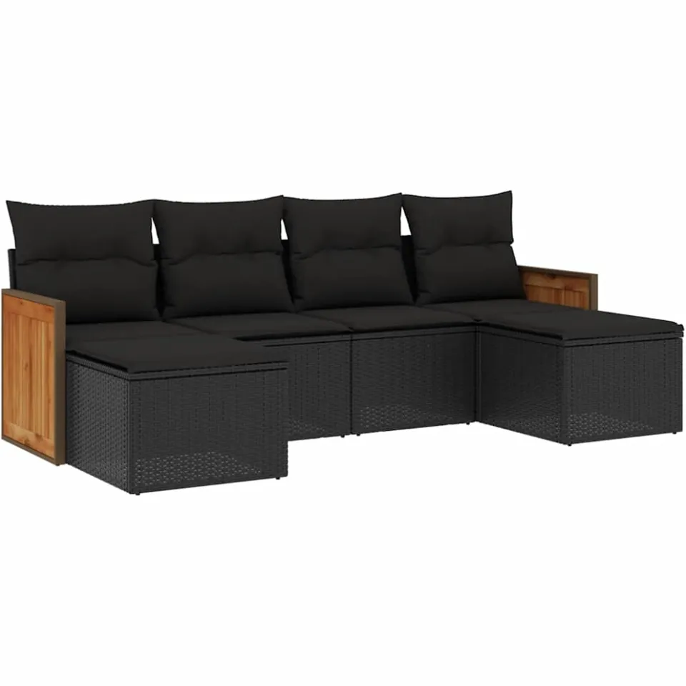 vidaXL 6-delige Loungeset met kussens poly rattan zwart, foto 3