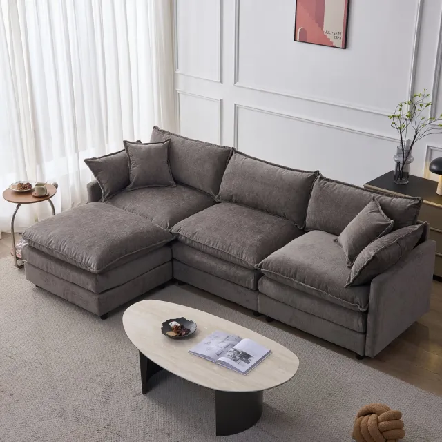 MEUNIQ grijze hoekbank 3-zits met hocker, modulair L-vormig ontwerp, chenille bekleding, afneembare hoezen, voor woonkamer en lounge Grijs