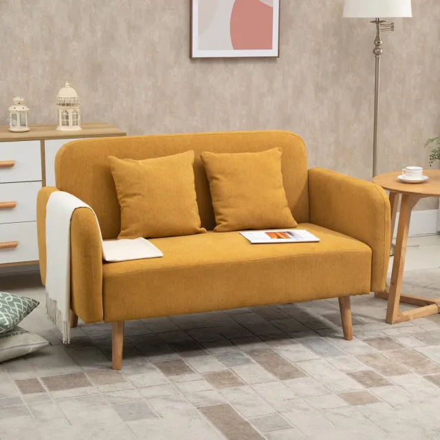 FloraGrace Zitbank 130 x 70 x 80 cm - 2-Zits Loveseat Met 2 Kussens En Verstelbare Voetdoppen - Voor Kleine Woonruimtes - Polyester - Naturel En Geel Natural