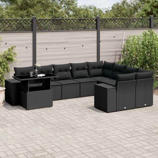 vidaXL 10-delige Loungeset met kussens poly rattan zwart, foto 2
