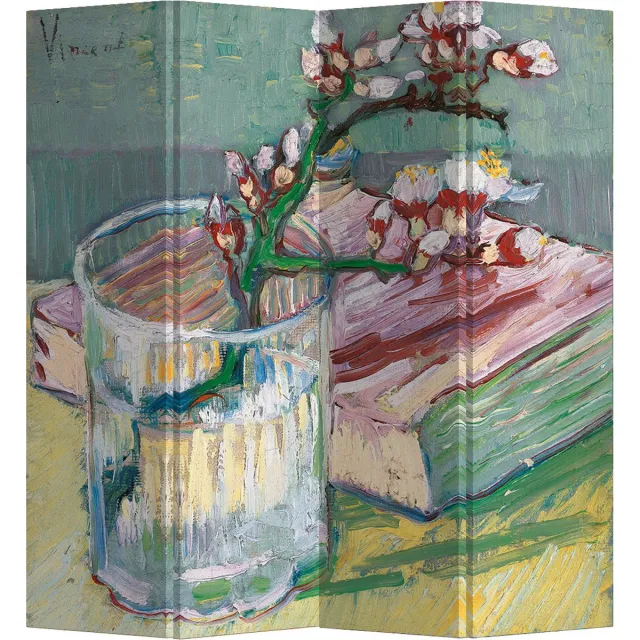 Fine Asianliving Kamerscherm Scheidingswand B160xH180cm 4 Panelen Bloeiende Amandeltak in een Glas met een Boek 1888 van Gogh Groen, Multicolour