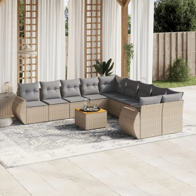 vidaXL 11-delige Tuinset met kussens poly rattan beige, foto 2