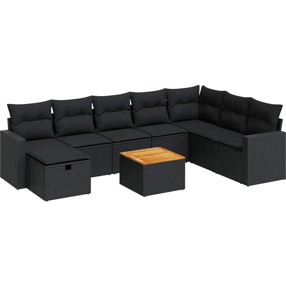 vidaXL 9-delige Loungeset met kussens poly rattan zwart, foto 3