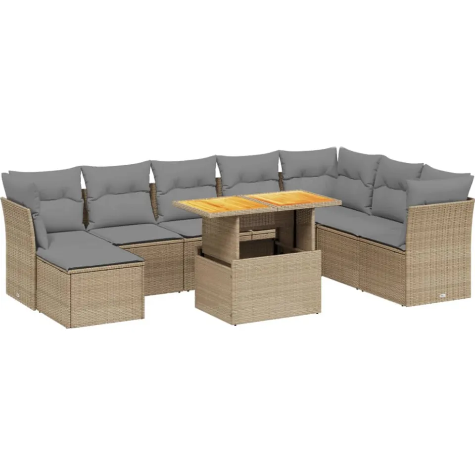vidaXL 9-delige Loungeset met kussens poly rattan beige, foto 3