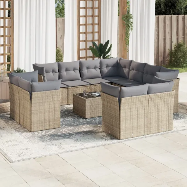 vidaXL 12-delige Loungeset met kussens poly rattan beige, foto 2