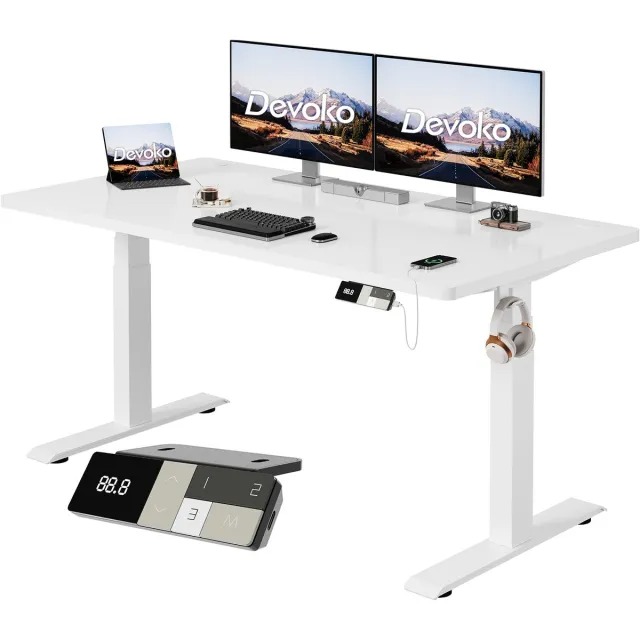 Devoko Elektrisch Zit-Sta Bureau 160x80 cm - Elektrisch Verstelbaar Bureau - In Hoogte Verstelbaar 63-128 cm - 25 mm FSC Tafelblad - Dubbele Motor - 125 kg - Wit