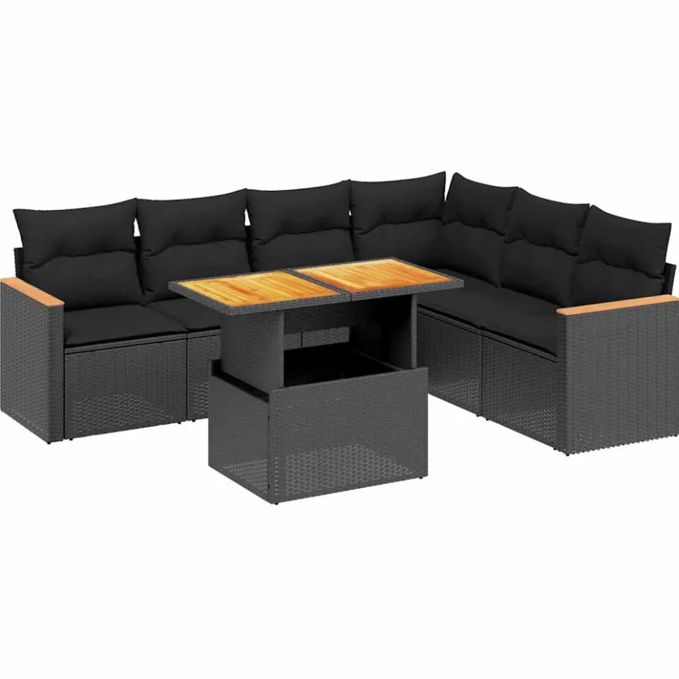 vidaXL 7-delige Loungeset met kussens poly rattan zwart