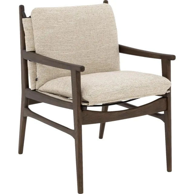 Goossens Stoel Alison met Massief Houten Frame beige stof met armleuning, modern design stof gemeleerd grof geweven creme