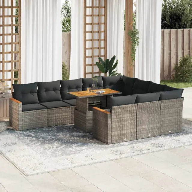 vidaXL 11-delige Loungeset met kussens poly rattan acacia grijs