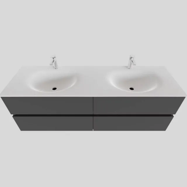 Boss & Wessing Badkamermeubel Solid Surface BWS Stockholm 200x46 cm Mat Antraciet Wasbak Dubbel (2 kraangaten, 4 lades)