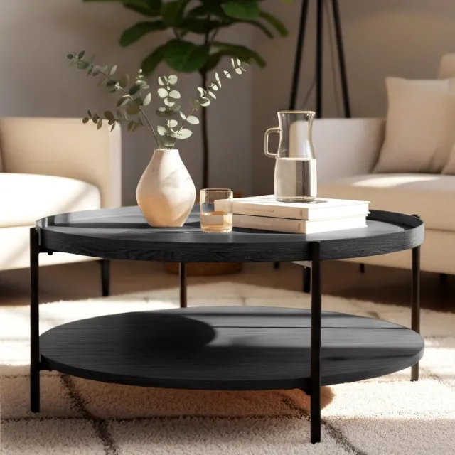 CLP Salontafel Corbitan - rond - met opbergruimte - hout - bijzettafel - zwart metalen frame - 80 cm grijs