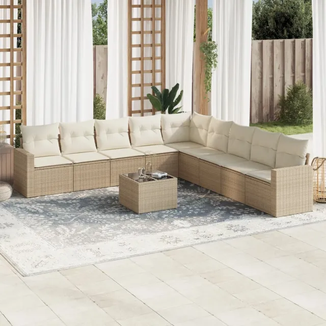 vidaXL 10-delige Loungeset met kussens poly rattan beige, foto 2