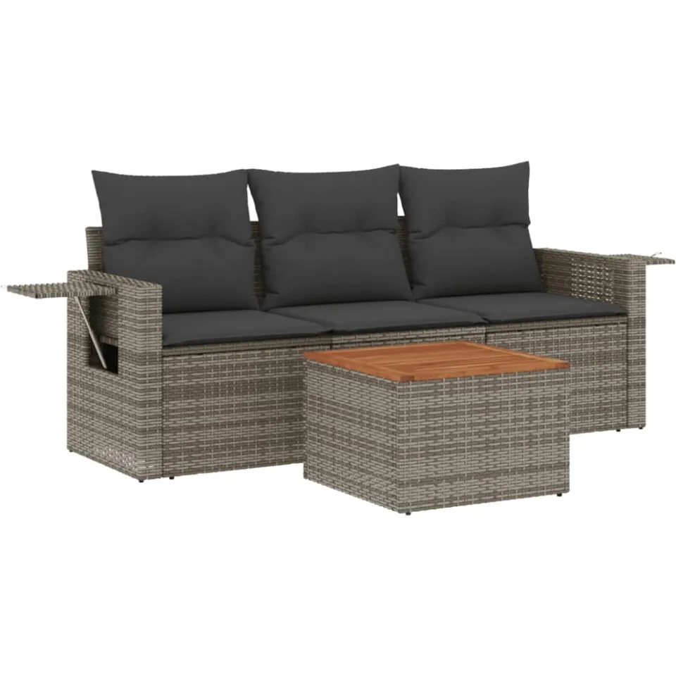 vidaXL 4-delige Loungeset met kussens poly rattan grijs, foto 3