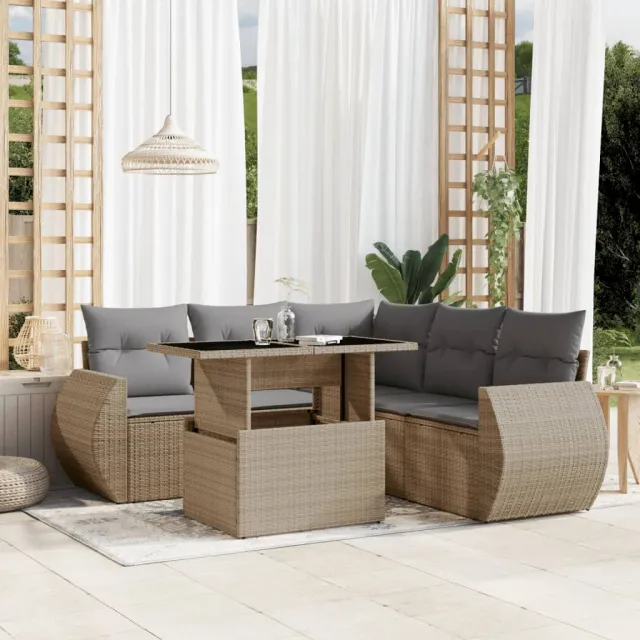 vidaXL 6-delige Loungeset met kussens poly rattan beige, foto 2