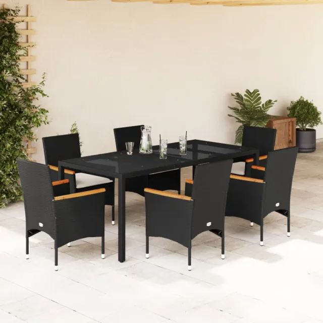 vidaXL 7-delige Tuinset met kussens poly rattan en acaciahout zwart, foto 2