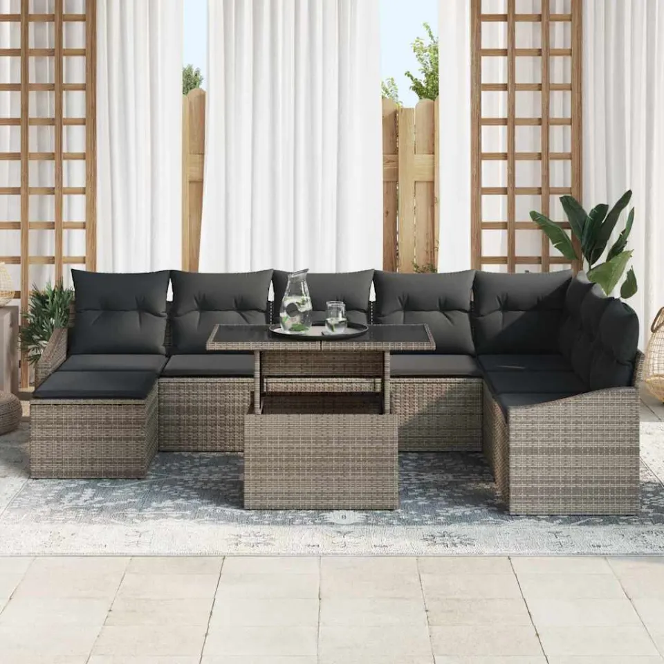 vidaXL Tuin Sofa Set 9 st Grijs poly rattan, Gepoedercoat staal, foto 3