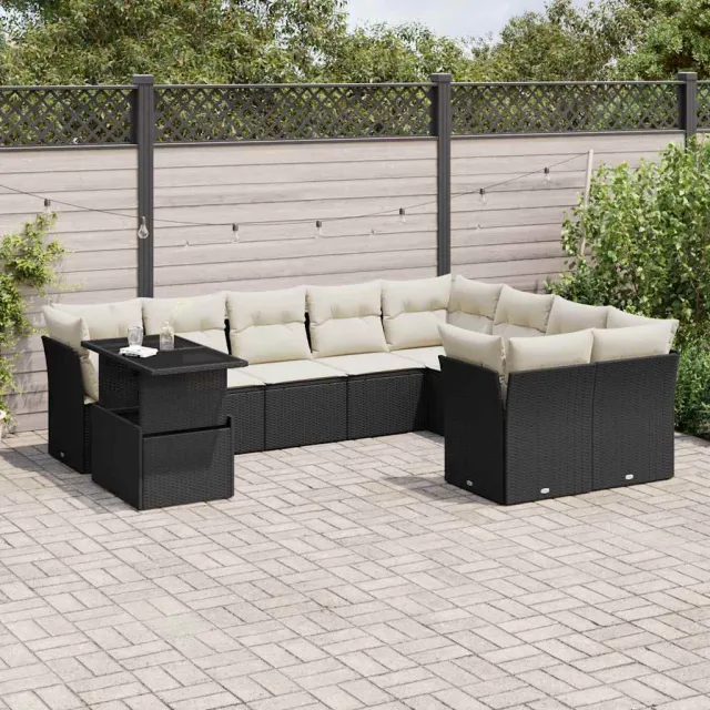 vidaXL 10-delige Loungeset met kussens poly rattan zwart, foto 2