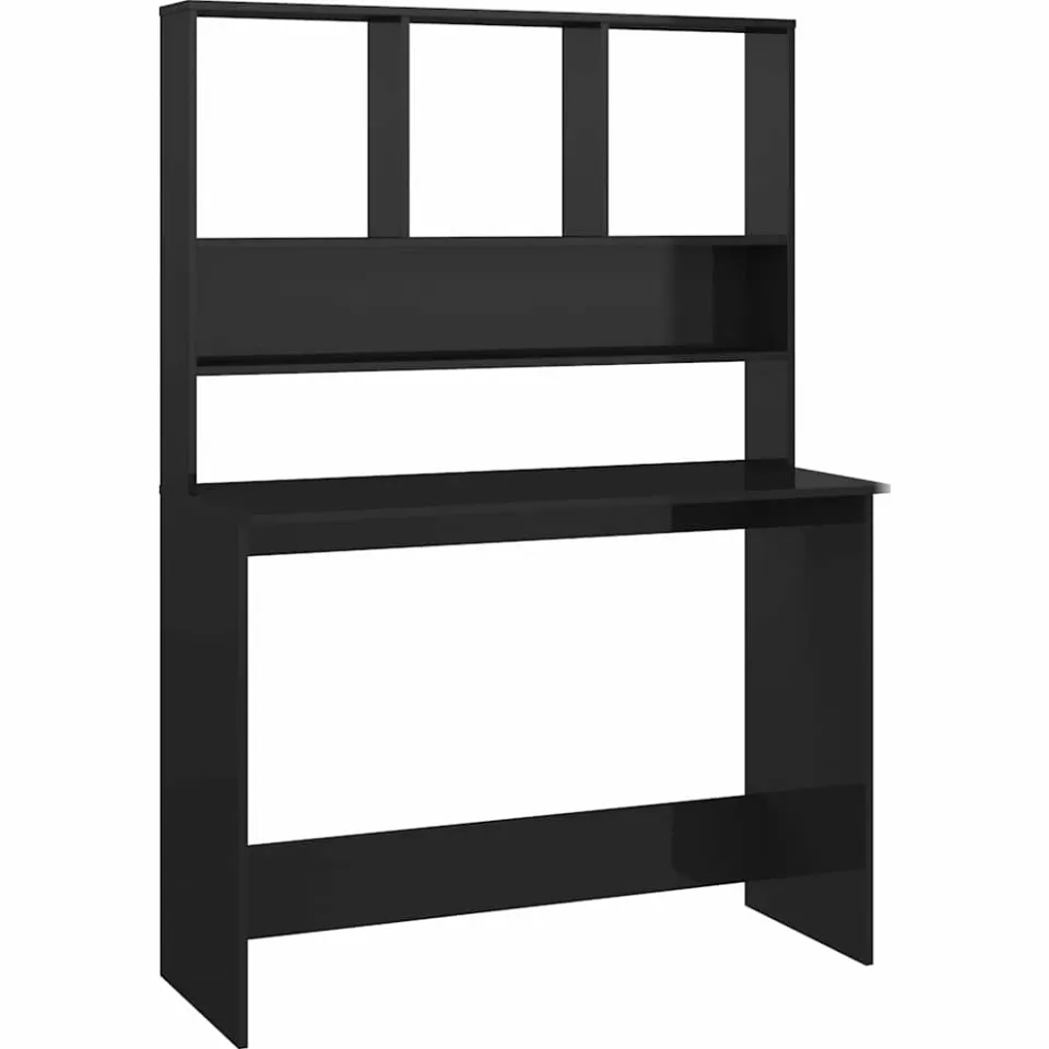 vidaXL Bureau met schappen 110x45x157 cm bewerkt hout hoogglans zwart, foto 3