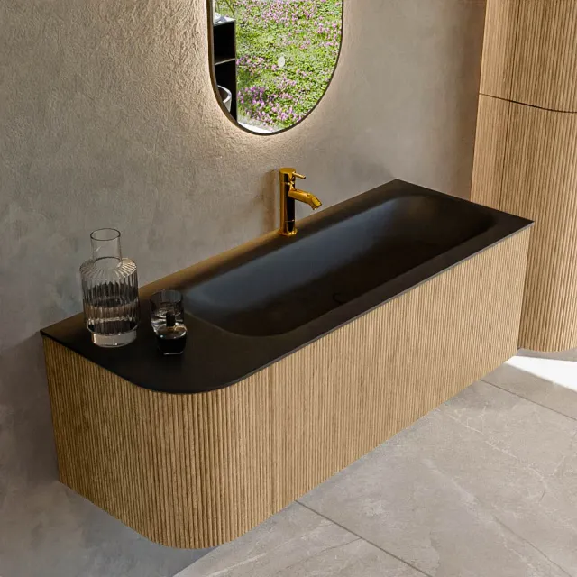 Mondiaz KURVE 125 cm Onderkast Greeploos 1 Lade Met Deuren Oak, Wastafel Solid Surface Rechts Urban 1 Kraangat Zonder Spiegel (KRVBGM125L1L1D1KR-Oak/Urb)