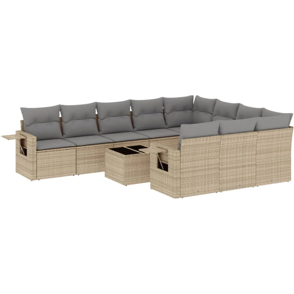 vidaXL 11-delige Tuinset met kussens poly rattan beige
