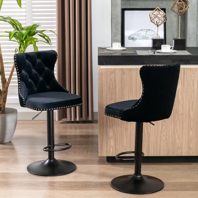 MEUNIQ barkruk set van 2 in grijs velvet, 360° draaibaar met rugleuning, verstelbare zithoogte 63-84 cm, barkruk voor keuken, kookeiland of thuisbar Zwart