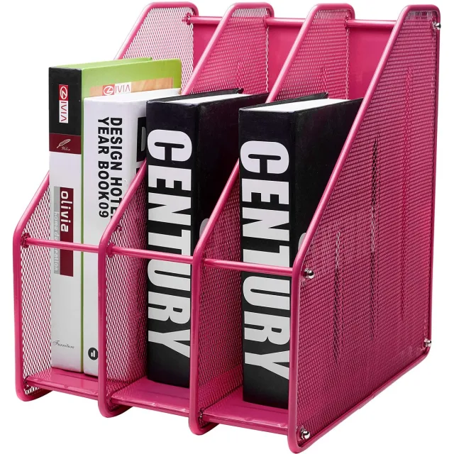 Unyqoos Roze metalen tijdschriftenhouder met drie vakken voor ordelijke organisatie