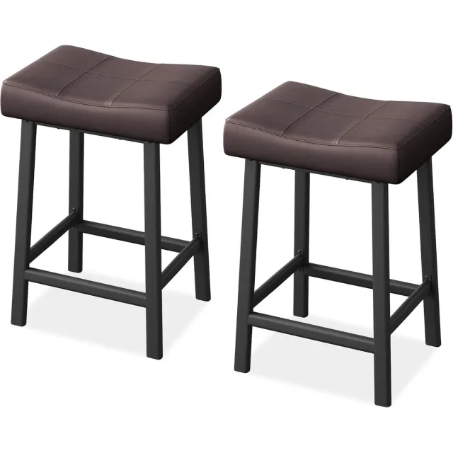 Triumpunpre Moderne zadelbarkrukken set van 2 stuks – 61 cm aanrechthoogte, zonder rugleuning, bekleed met kunstleer, metalen potten en voetsteun, eenvoudig te monteren voor keukeneiland en eetaanrecht zwart+bruin