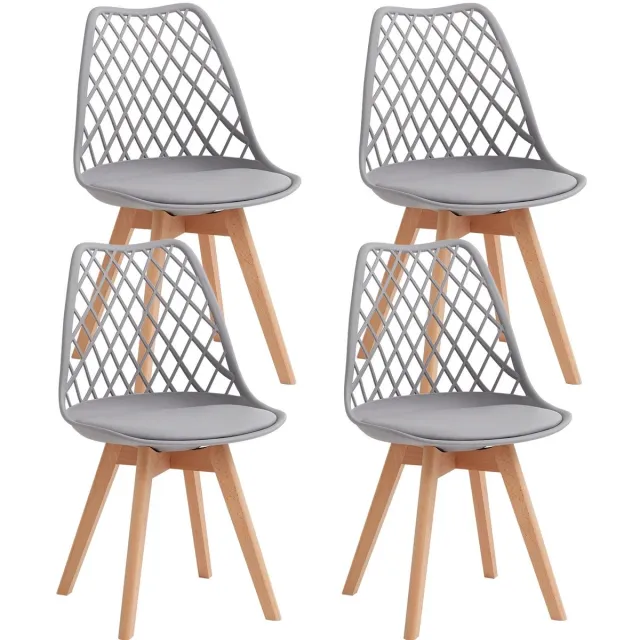 Questyr Set van 4 Eetkamerstoelen – Grijs – Scandinavisch Design – Mesh Rugleuning & Houten Poten – Comfortabele PU‑Lederen Stoelen voor Keuken & Eetkamer