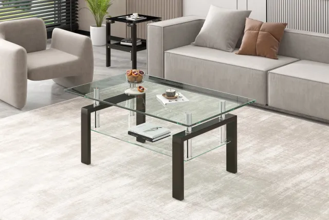 CHICFURN Salontafel 100 cm - Extra aflegruimte - Twee lagen - Woonkamer - Glas en metaal - Transparant