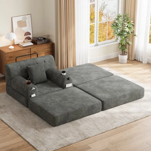 REDOM Fauteuil - Slaapfunctie en hoge rugleuning - Met hocker en 2 bekerhouders - Cordstof - Donkergrijs - 107 x 162 x 81 cm