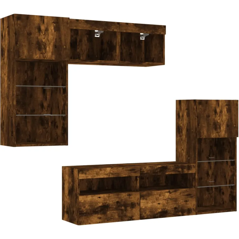 vidaXL 5-delige tv-wandmeubelset met LED bewerkt hout gerookt eiken Bruin