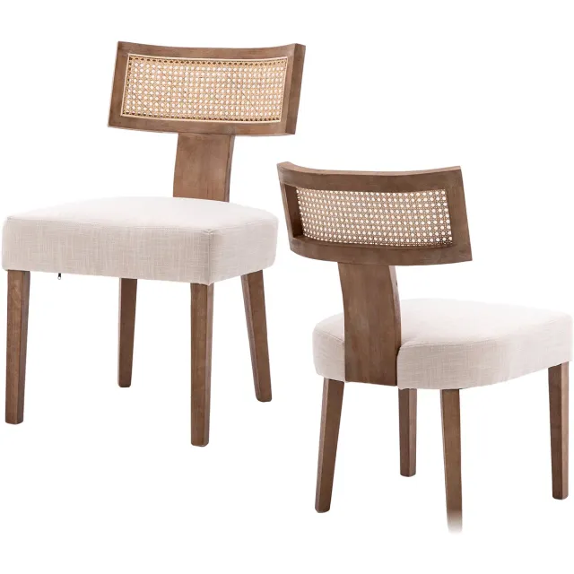chairus Eetkamerstoel Set van 2 stoelen - Beige en Bruin - Linen - Rieten Rugleuning - Gewatteerde zitting - Armloze stoelen - Met Houten Poten - Voor woonkamer en keuken Beige+Bruin