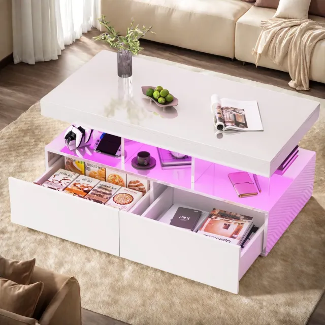 ROSAHQNDA Moderne salontafel, woonkamertafel, hoogglans, LED en 2 lades, voor woonkamer, wit, MDF, 104x53x46cm
