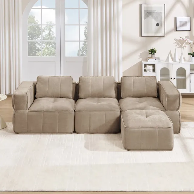FloraGrace Hoekbank 3-Zits - L-Vormige Modulaire Bank met 1 Hocker - Frameloos, Met 32D Schuim en Diepe Zitting - Voor Woonkamer - Polyester - Sand