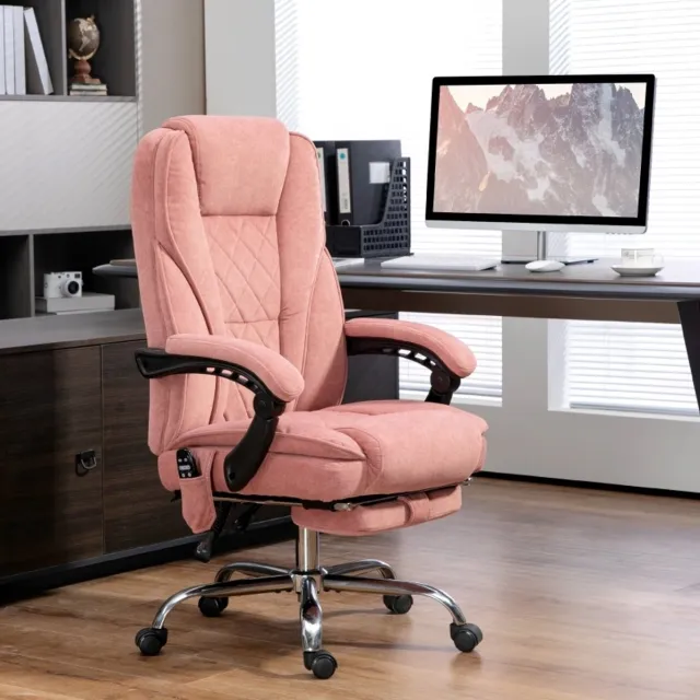 MEUNIQ bureaustoel met vibratiemassage en verwarming, verstelbare zithoogte, 135° kantelbare rugleuning, uitschuifbare voetsteun en wielen, roze
